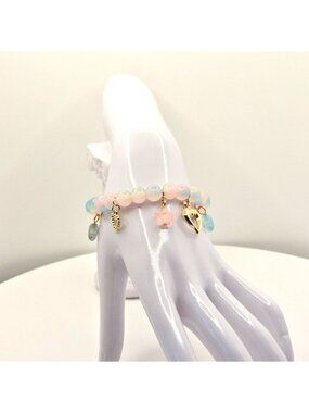 Stretch Bracelet With Heart, Pastel Charm Bracelet, Cute Beaded Bracelet, Pink B